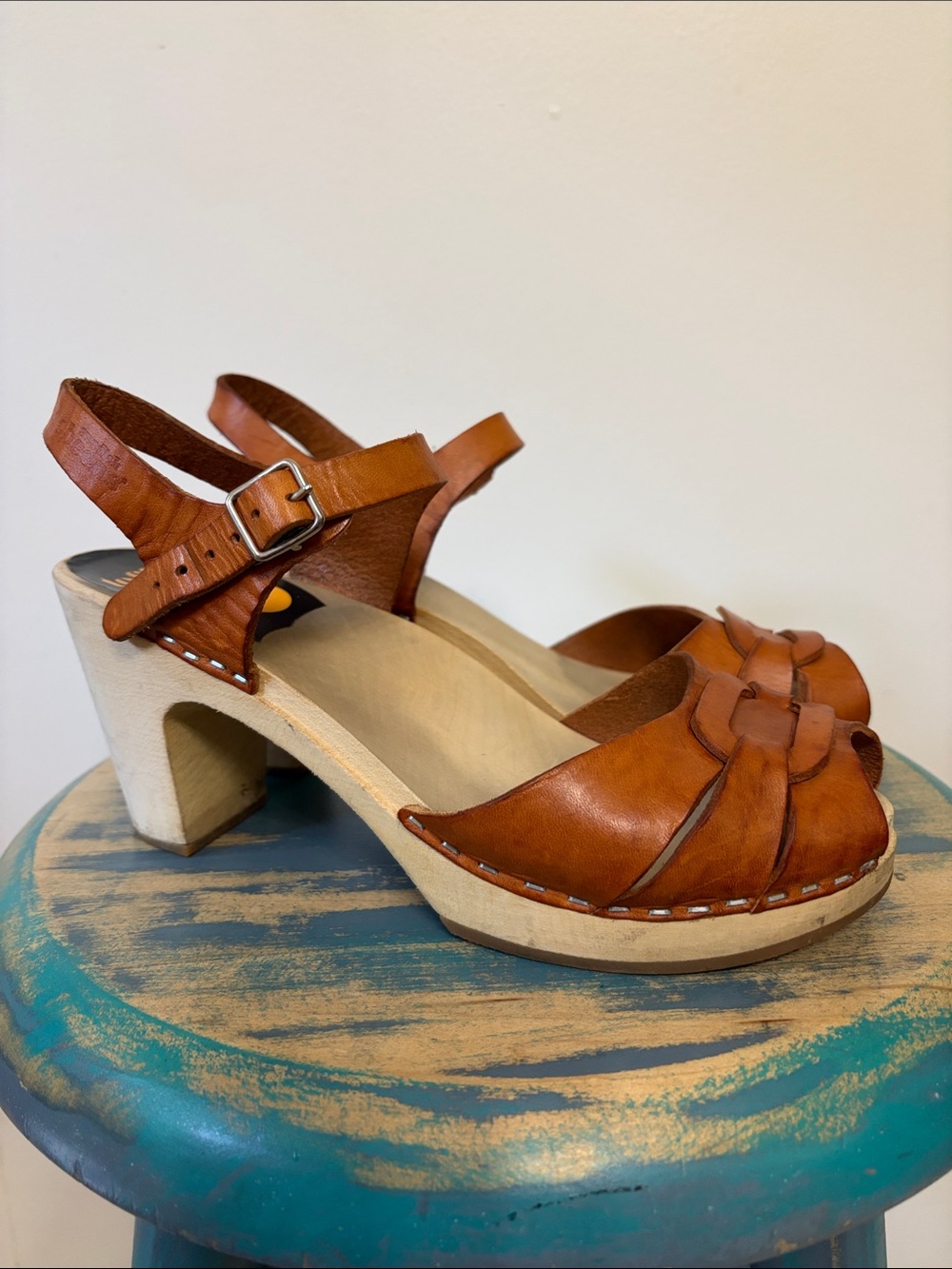 Swedish Hasbeens Brown Leather Clog Sandals with Ankle Strap